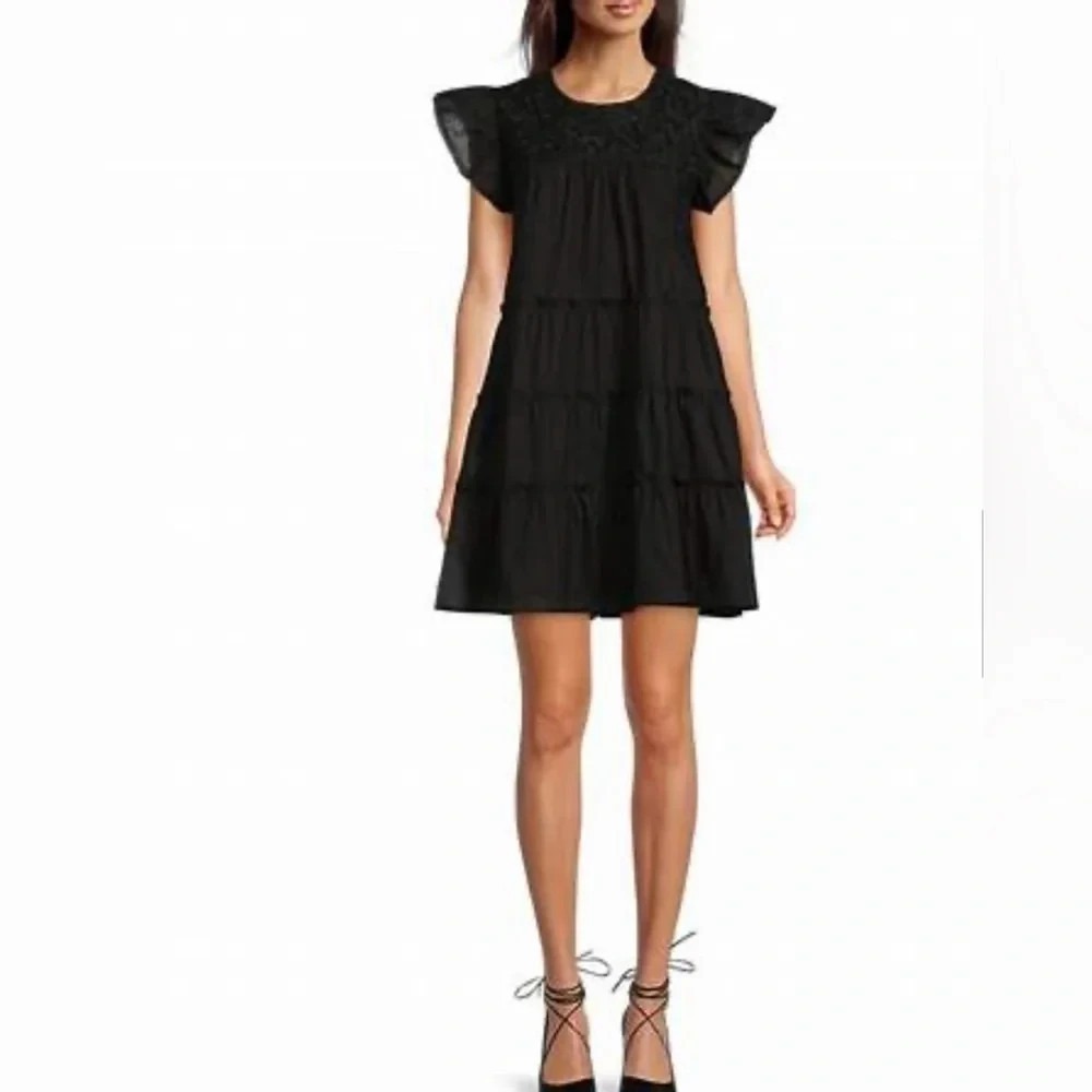 J.Marie Dress Black Embroidered Tiered Mini M Flutter Sleeve Boho Western Dark